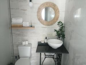 珀彻斯Retiro dos sonhos的一间带水槽、卫生间和镜子的浴室