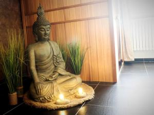 沙勒罗瓦Symbiose hotel的坐在带蜡烛的地毯上的佛陀雕像