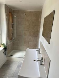 塞纳河畔勒梅Charmant T3. Spacieux et cosy的带淋浴、盥洗盆和浴缸的浴室