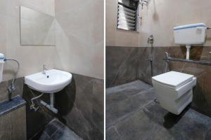 纳西克FabHotel Priya Lodging, near Ojhar Airport的浴室的两张照片,配有卫生间和水槽
