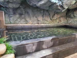 襄阳郡五色绿意庭院酒店的一个带岩石墙的水池
