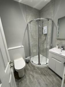 卡迪夫Copperfield Homestay的带淋浴、卫生间和盥洗盆的浴室