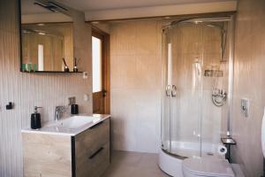 罗亚Seaside apartments的一间带水槽、淋浴和卫生间的浴室