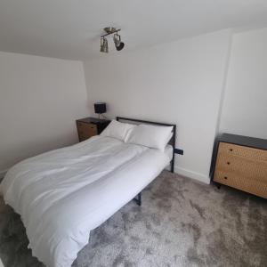 普里茅斯Quite central flat的一间卧室配有一张带白色床单和光线的床