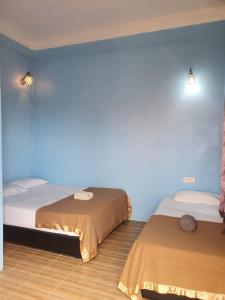 Kampong Pasir HantuJV Inn Perhentian的蓝色墙壁客房的两张床
