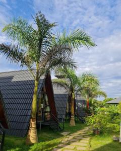 木州县Thung Lũng Ba Đồi Chè的一群棕榈树在一座建筑前