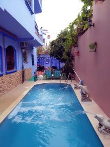 舍夫沙万villa Rita chaouen的大楼内的一个蓝色海水游泳池
