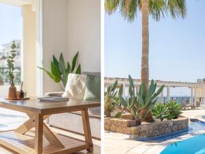 克洛拉卡斯Sanders Seaview Paphos的客厅配有桌子和棕榈树