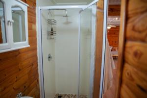 BonnievaleOlifantskrans River Cabins的浴室里设有玻璃门淋浴