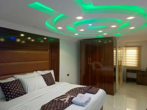 伊巴丹Global Signature Hotel and Resort的一间卧室设有一张带绿色天花板的床。