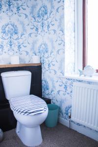 SpittalBeach House in Berwick Upon Tweed - 2 Double Bedrooms的浴室设有蓝色和白色壁纸,配有卫生间