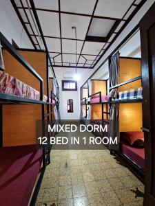 玛琅SEMERU HOSTEL MALANG的一间设有双层床的客房,房间里没有文字音乐