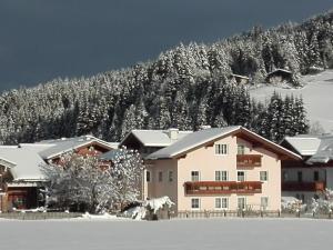弗拉绍Ferienwohnungen Reiter的一座雪覆盖的房子,背景是一座山