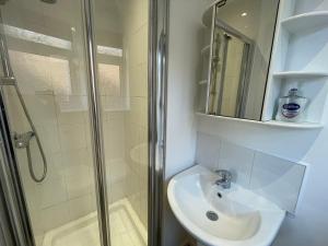 曼彻斯特Delightful home in Manchester的带淋浴、盥洗盆和镜子的浴室