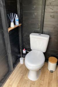 约克Sugi wooden pod的一间位于客房内的白色卫生间的浴室