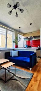帕内韦日斯R&J Apartment II的一间带蓝色沙发的客厅和一间厨房