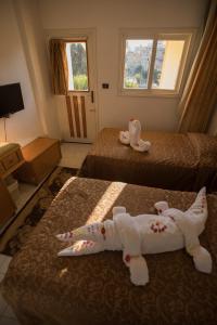 赫尔格达沙滩度假酒店的酒店客房带两张床,带毛巾动物。