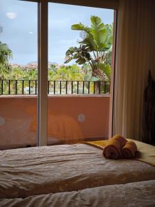 穆尔西亚Casa Amarillo Mar Menor Golf Resort的一间卧室设有一张床和一个大窗户