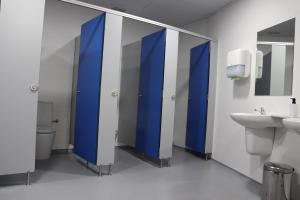 阿尔苏阿ALBERGUE DON QUIJOTE的浴室设有蓝色的摊位、卫生间和水槽。