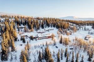 LövåsenLövåsgårdens Fjällhotell的雪地中度假村的空中景观