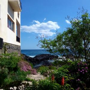 贾迪尼-纳克索斯奥菲斯酒店的从大楼内可欣赏到海景