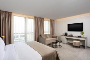 帕维尔巴尼亚Grand Resort Pavel Banya Medical and SPA EpiCentrum的酒店客房配有一张床、一张书桌和一台电视。
