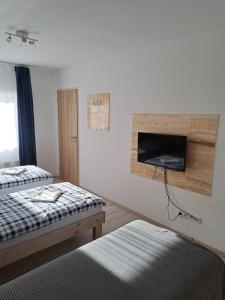 皮耶什佳尼Apartmány Amália的一间卧室配有两张床和一台平面电视