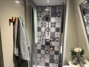 维灵厄韦夫Hotelhuisjes Medemblik的一间带淋浴的浴室和瓷砖墙
