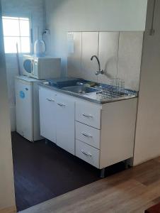 梅塞德斯Confortable apartamento-monoambiente en Mercedes的厨房配有水槽和微波炉