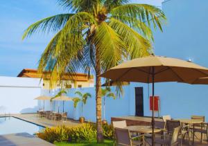 北茹阿泽鲁Nord Luxxor Juazeiro do Norte的棕榈树坐在带桌子和遮阳伞的游泳池旁