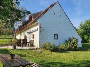 VászolyTraditional cottage at Lake Balaton的小屋设有茅草屋顶和桌子