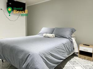 拉塞雷纳Hostal Brasil 1050的一间卧室配有一张带灰色毯子的床