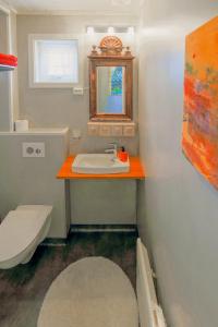 贝勒沃格Berlevåg Apartment的一间带水槽、卫生间和镜子的浴室