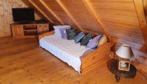 VászolyTraditional cottage at Lake Balaton的一间卧室配有带枕头的床铺和电视。