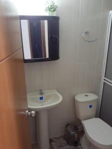 布卡拉曼加habitación con baño en bucaramanga-cerca sena-uis的一间带卫生间、水槽和镜子的浴室