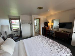 绿湾Bay Motel的一间卧室配有一张床、一张桌子和一个水槽
