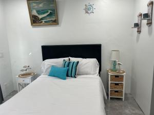 迈阿密花园Villa Pulido-Cardona的一间卧室配有白色床和蓝色枕头
