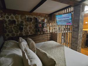布泽乌河畔瓦马乡Cazare Vama Buzaului la Vama Aniral的一间卧室配有一张床,墙上配有电视