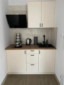 皮什Pokoje na Jaśminowej的厨房配有白色橱柜和台面