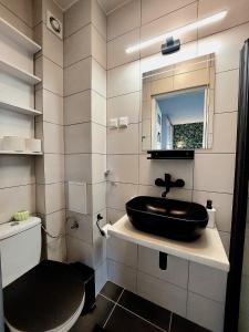 科沙林Zielony Zakątek z balkonem的一间带黑色水槽和卫生间的浴室