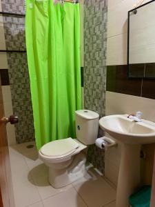 塔甘加Hostal Buena Vida的浴室设有卫生间和带绿色淋浴帘的盥洗盆。
