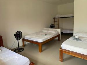 帕洛米诺hotel palmares beach的客房设有两张床和风扇。