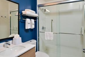 达拉斯Spark By Hilton Dallas Market Center的带淋浴、卫生间和盥洗盆的浴室