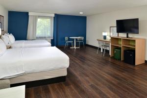 达拉斯Spark By Hilton Dallas Market Center的酒店客房设有一张床、一张书桌和一台电视机。