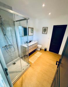 奥登河畔的布雷特维尔Evasion tropicale的一间带玻璃淋浴和卫生间的浴室