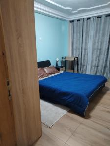 科纳克里Appartement Elegant的一间卧室配有一张带蓝色棉被的床