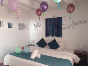 莱瓦镇Celeste Villa de Leyva的一间房间,墙上设有一张气球床