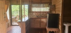 蓬塔雷纳斯Cabaña Palo Verde的一个带水槽的厨房和客房内的电视