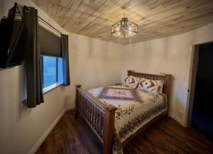 LoaTHE SNUGGLE INN的一间卧室设有一张床、一个窗户和一个吊灯。