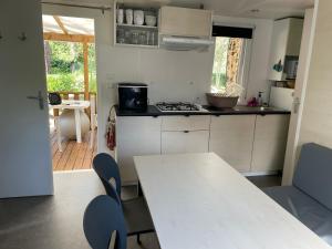 滨海阿热莱斯Mobil home charmant的厨房配有白色的桌椅和桌子